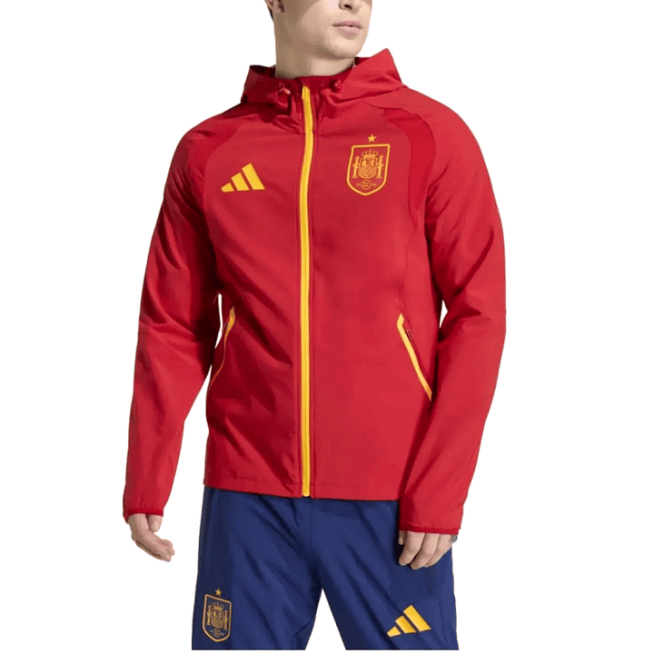 Red Adidas Spain casual travel soccer tracksuit set with hooded jacket and matching pants for adults