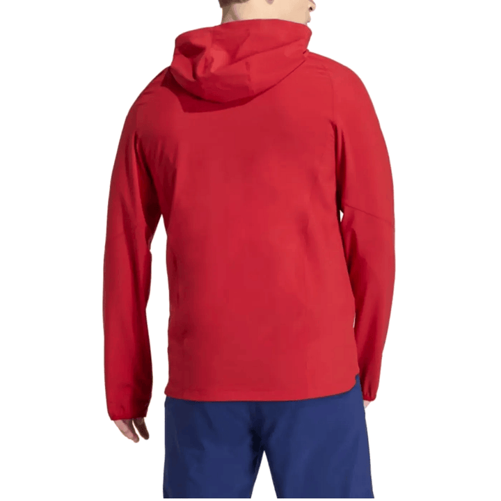 Red Adidas Spain casual travel hooded presentation soccer tracksuit set for adults with a comfortable fit