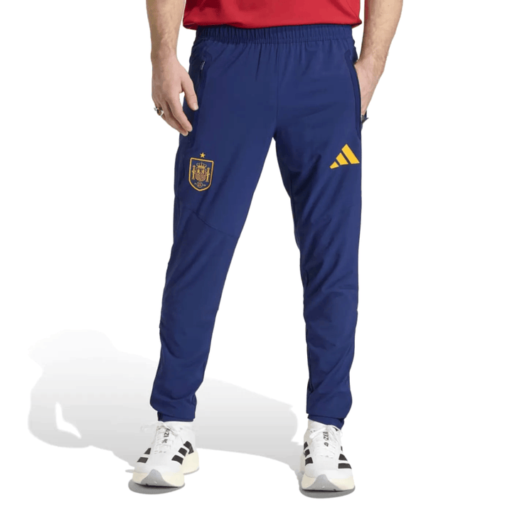 Spain Casual Travel hooded presentation soccer tracksuit in navy blue with Adidas logo and Spain emblem