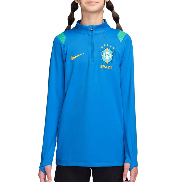 Blue Nike training top for kids with Brazil national team logo and green shoulder accents