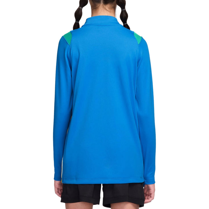 Long sleeve athletic shirt in bright blue with green shoulder accents for active wear