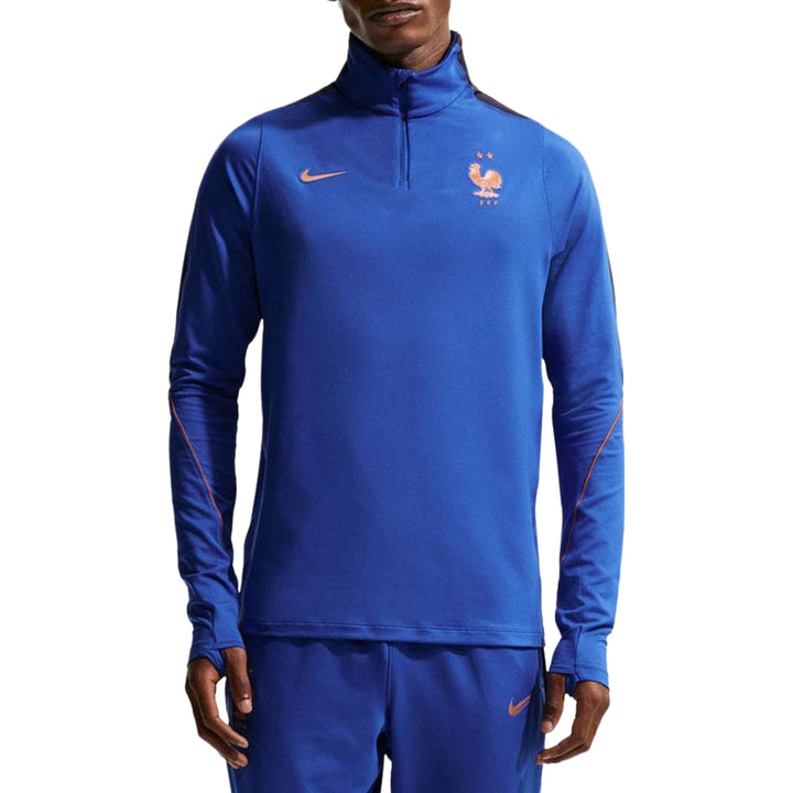 France training technical soccer tracksuit in blue with Nike logo and zip-up collar for adults in various sizes