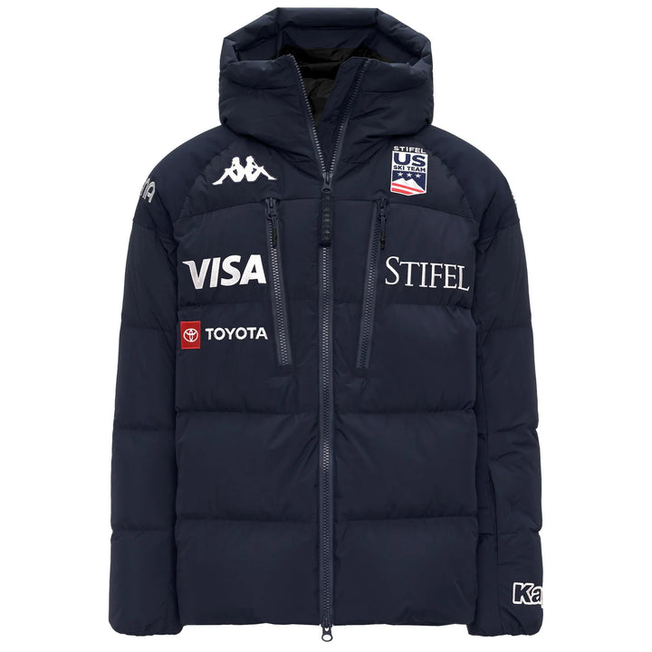 Navy Kappa x US Ski team puffer jacket made of nylon with hood, featuring logos from Visa, Stifel, and Kappa.