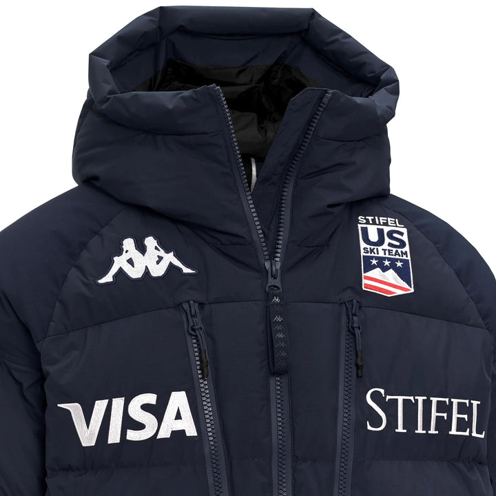 Navy blue Kappa x US Ski team insulated ski jacket with hood featuring Kappa logo and Stifel US Ski Team branding