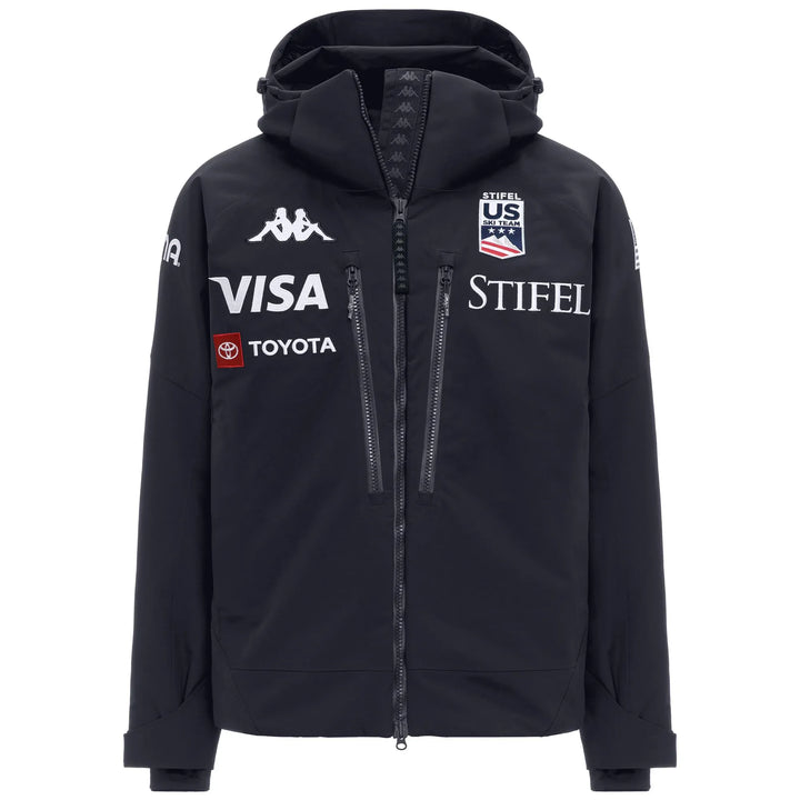 Dark navy Kappa x US Ski team waterproof jacket with hood featuring logos from Visa and Toyota