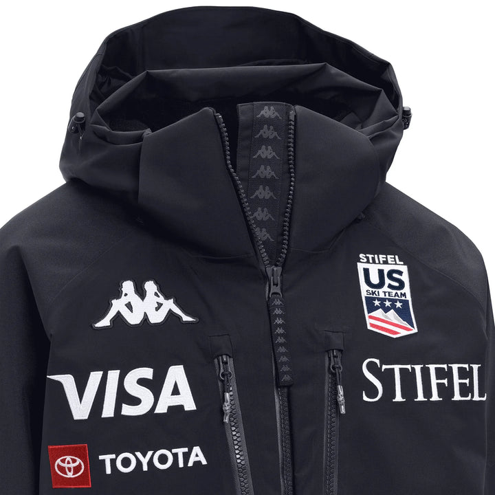 Dark navy Kappa x US Ski team waterproof ski jacket with hood by Kappa featuring US Ski Team logos and zippered pockets