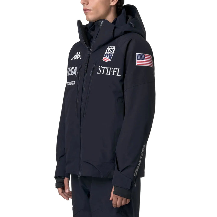 Men's navy Kappa x US Ski team waterproof ski jacket with hood featuring USA flag and sponsor logos