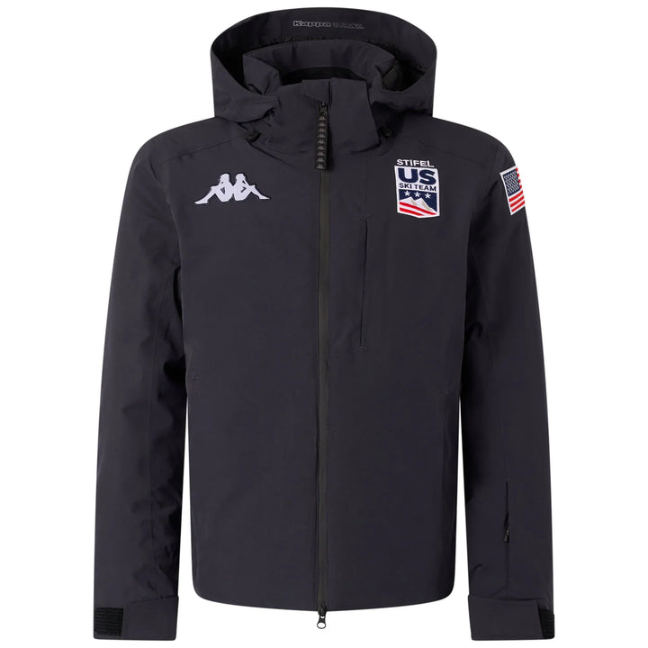 Navy blue waterproof jacket with hood, featuring Kappa logo and USA flag patch