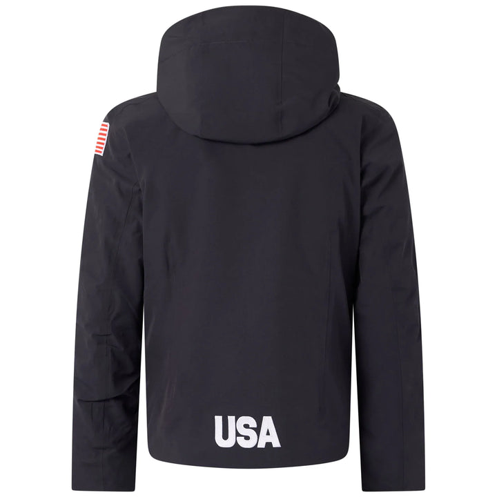 Black Kappa x US Ski team  jacket with hood and USA logo, featuring American flag patch on sleeve
