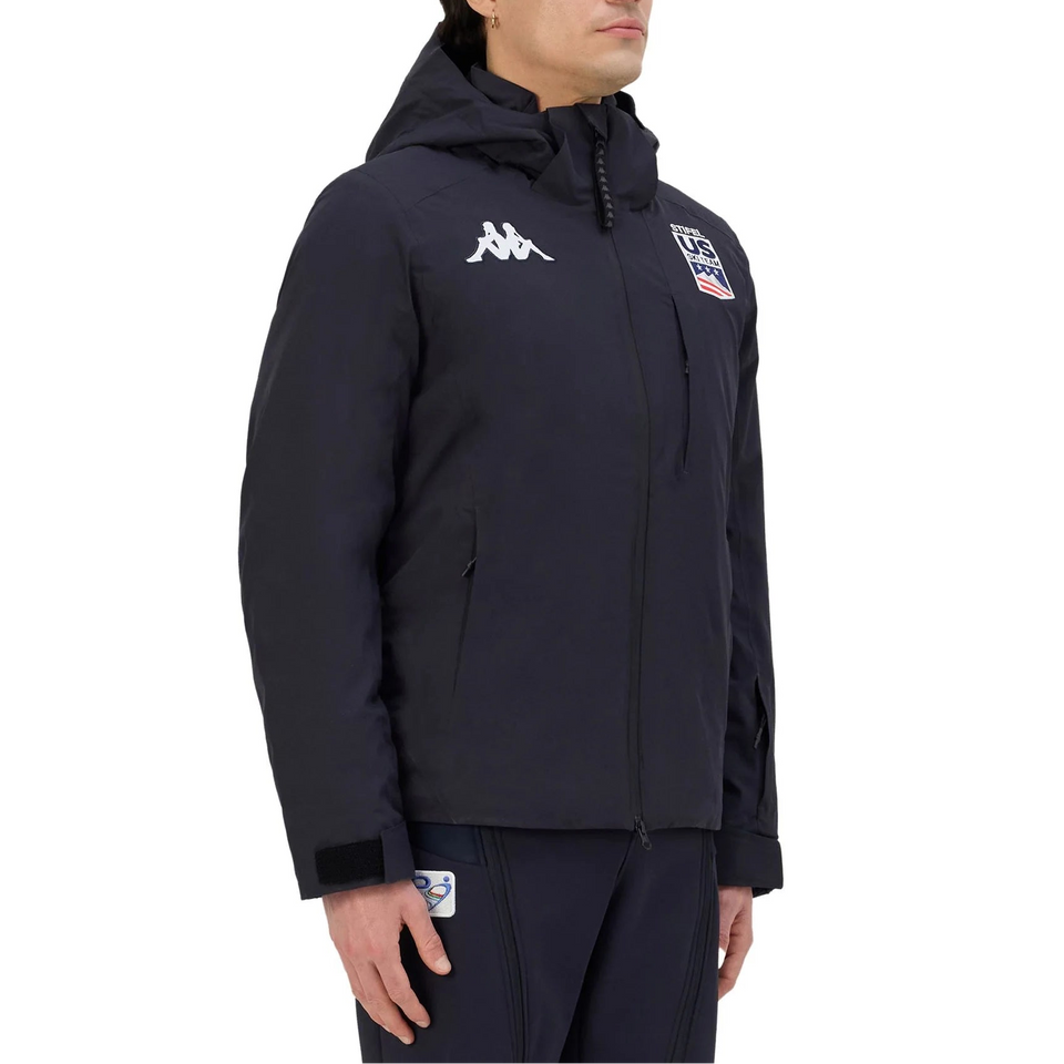 Model wearing a US Ski Team official padded down jacket Winter Olympics 2026 Navy - Kappa