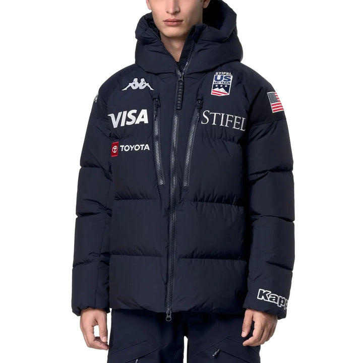 Navy Kappa x US Ski team puffer jacket with hood, featuring logos from Visa, Stifel, and Kappa, designed for winter sports.