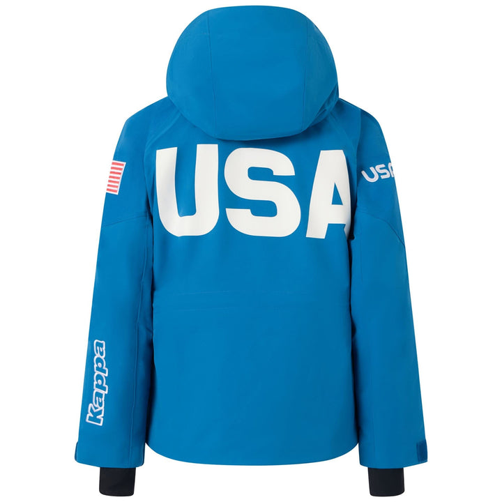Blue Kappa x US Ski team  waterproof jacket with hood featuring USA logo and Kappa branding on sleeve