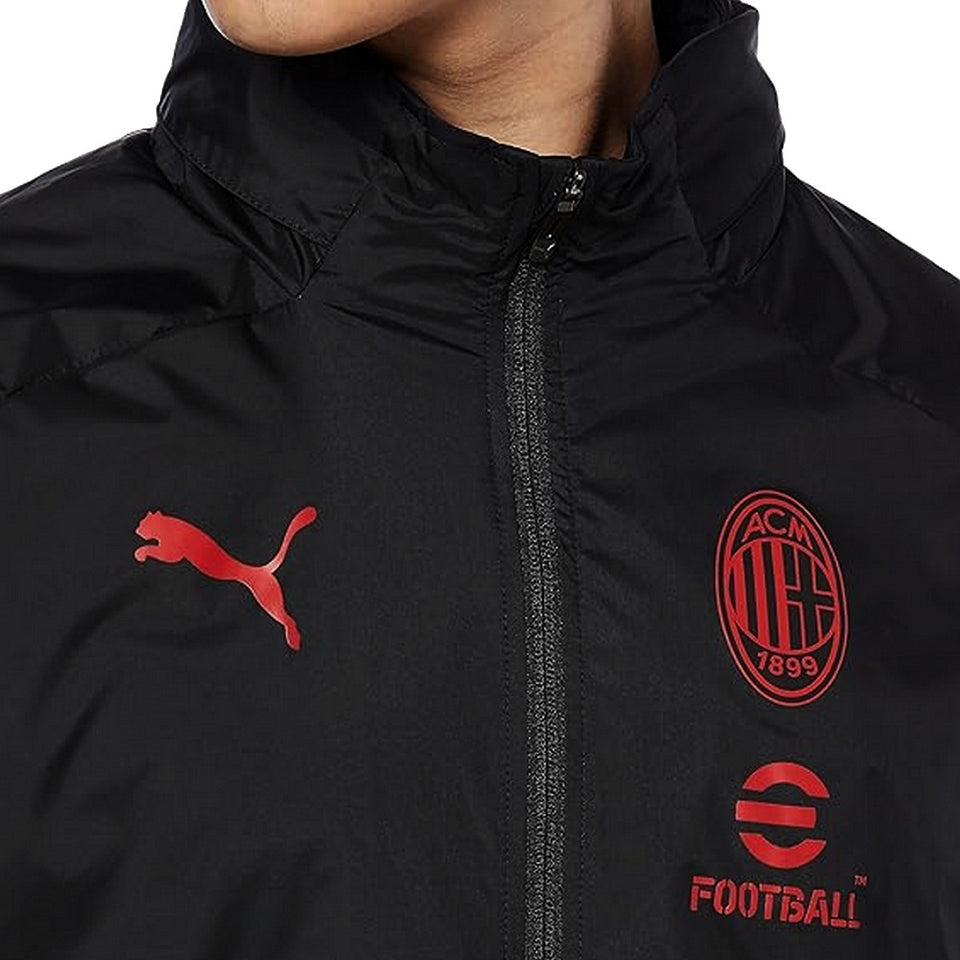 AC Milan black Puma rain jacket featuring logo designs and high collar for sporty style