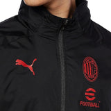 AC Milan black Puma rain jacket featuring logo designs and high collar for sporty style