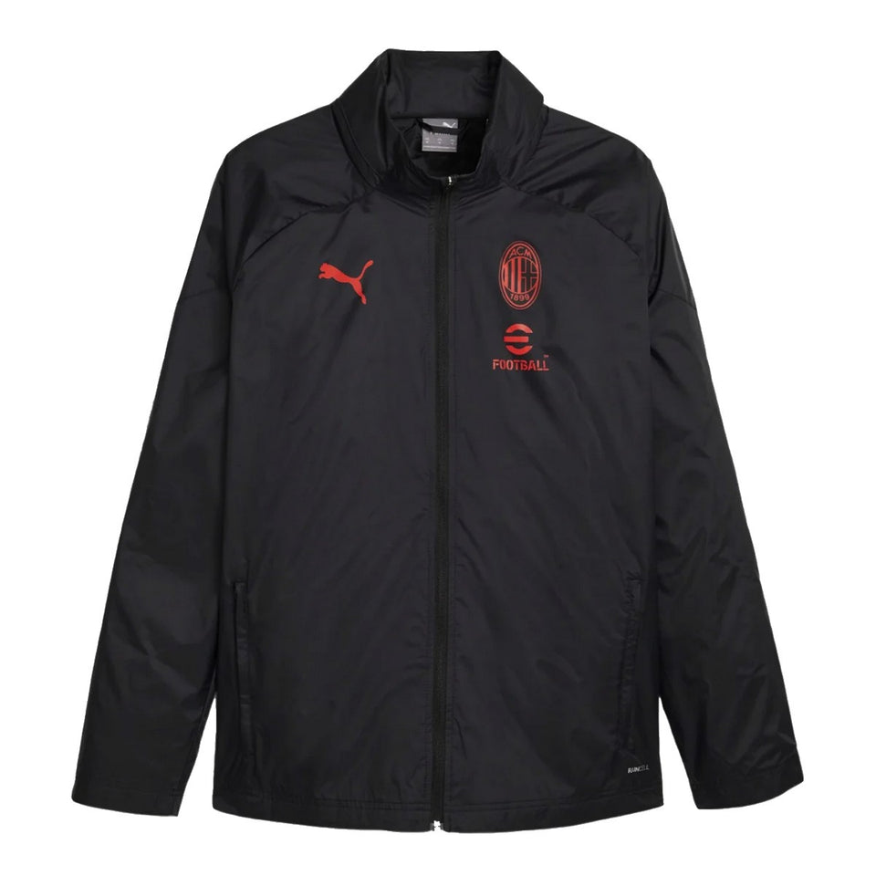 AC Milan black Puma rain jacket featuring logo and stylish design for soccer fans
