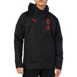 AC Milan black Puma rain jacket for fans featuring a hood and logo detailing