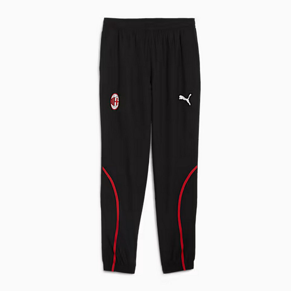 AC Milan pre game tracksuit 2024 featuring sleek black pants with red accents and logo