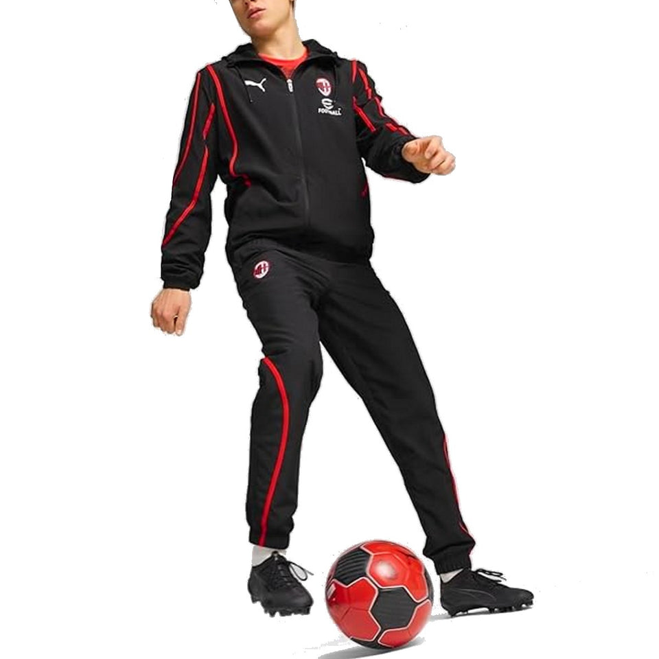 AC Milan pre game tracksuit 2024 in black and red for soccer training and practice activities