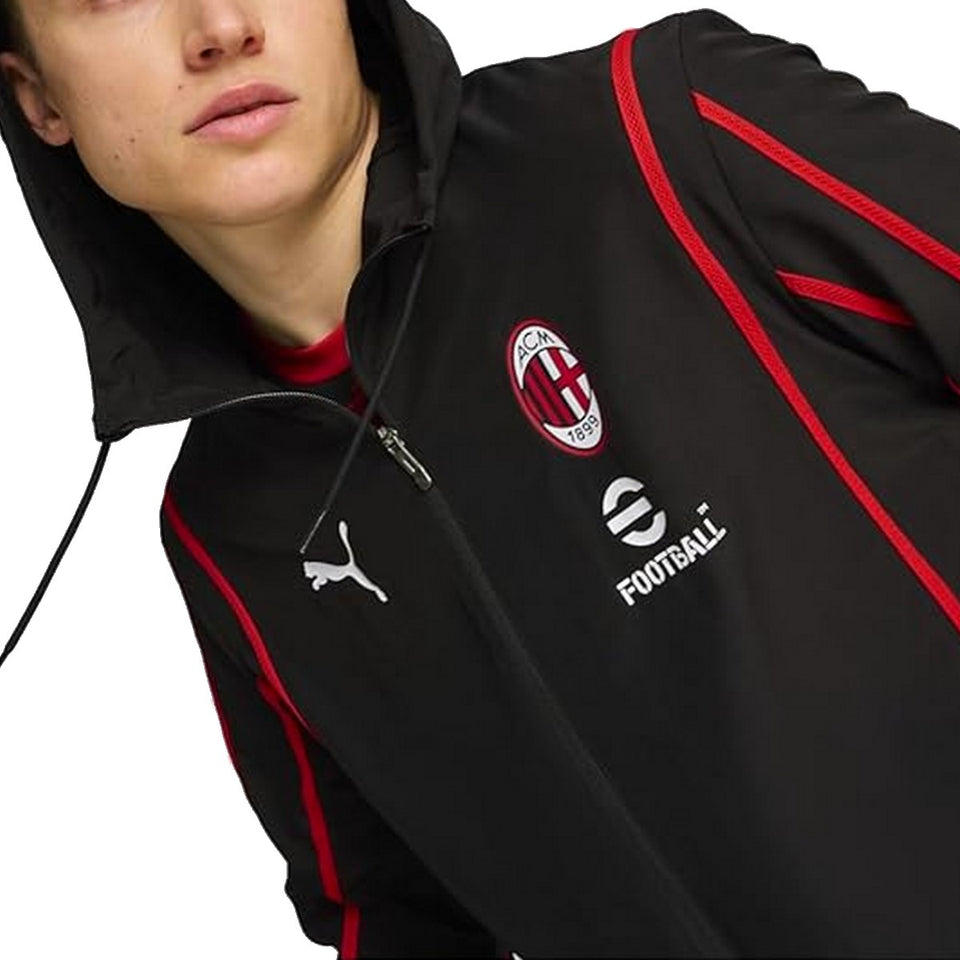 AC Milan pre game tracksuit 2024 with red accents and logo for soccer training and casual wear
