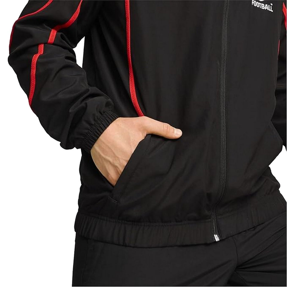 AC Milan pre game tracksuit 2024 in black, featuring red accents and pockets for comfort and style
