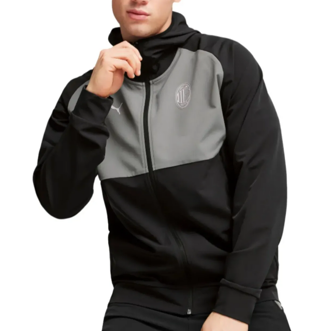 AC Milan woven tracksuit 2024 25 featuring a sleek black and gray design for stylish sportswear