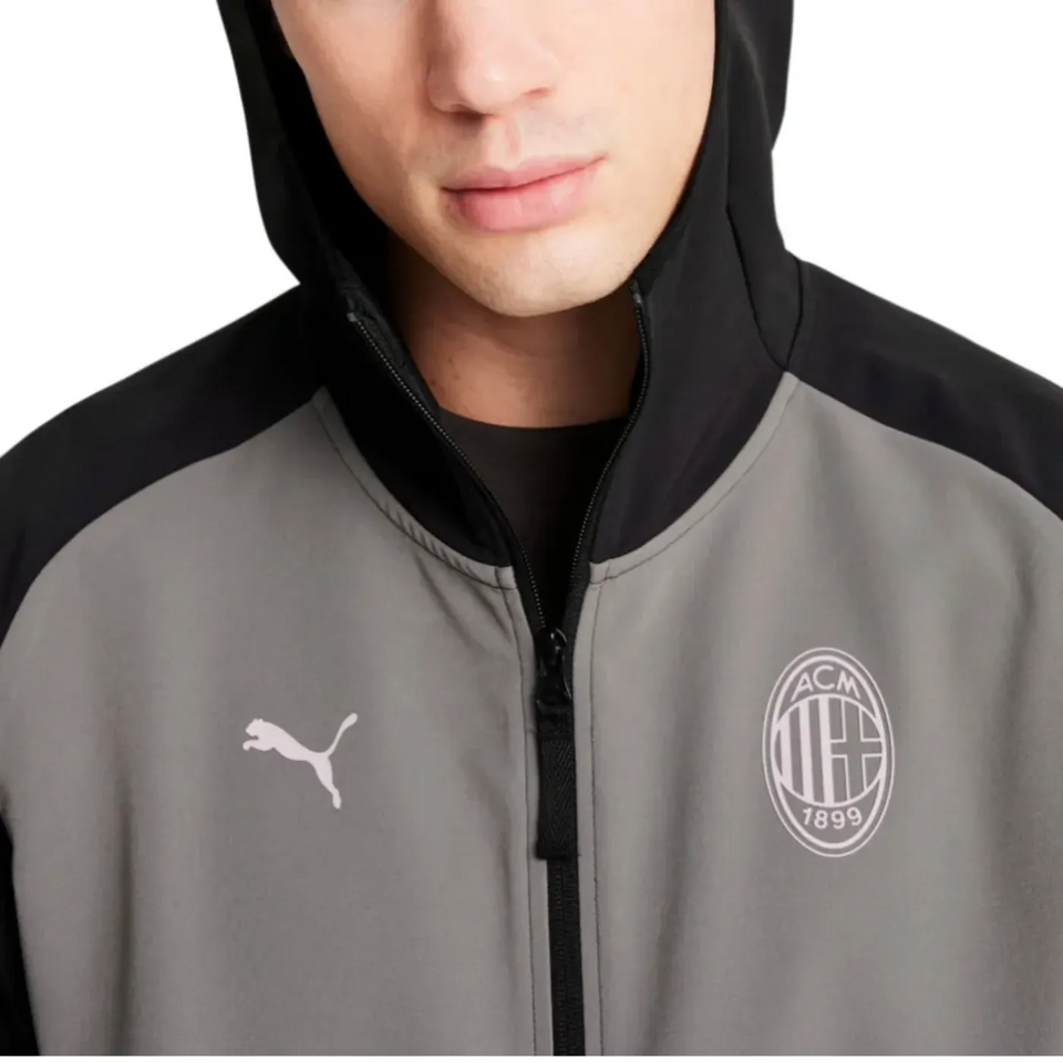 AC Milan woven tracksuit 2024 25 featuring a stylish gray and black design with logo detail