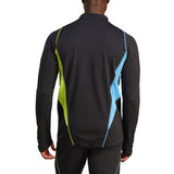 Back view of 2023 24 Arsenal football tracksuit set in black with green and blue accents from SoccerTracksuits.com