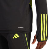 Close-up of 2023 24 Arsenal football tracksuit set black and neon yellow details on SoccerTracksuits.com