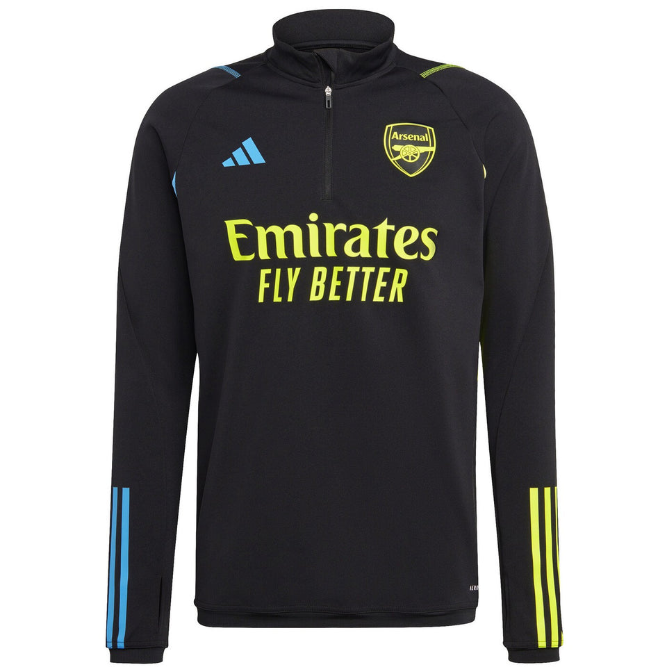 2023 24 Arsenal football tracksuit set black top with Emirates Fly Better logo and colorful stripes