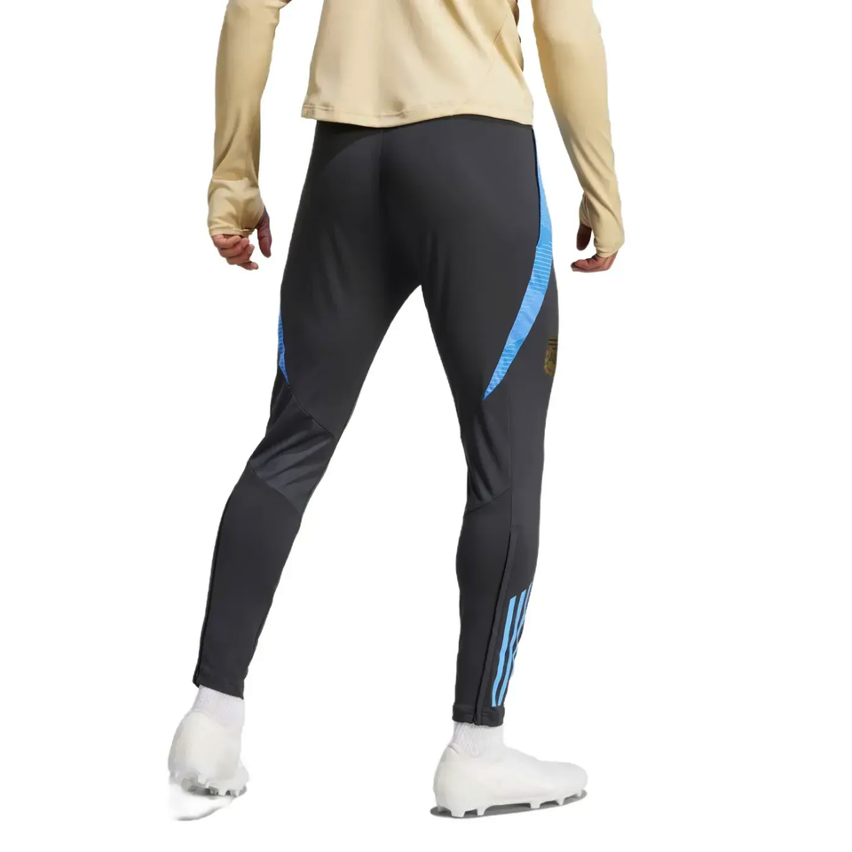 Back view of 2024 Argentina technical tracksuit Adidas grey pants with blue stripes on model