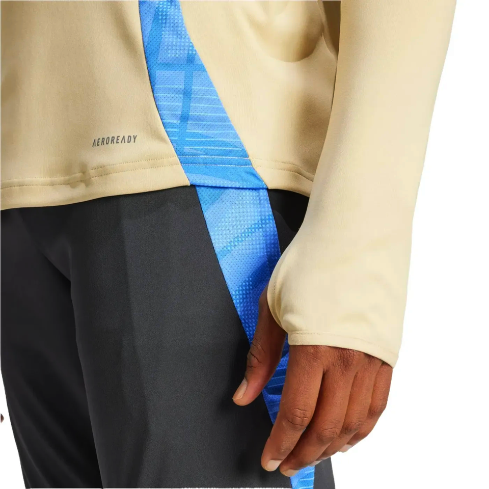 Close-up of 2024 Argentina technical tracksuit Adidas showing beige top with blue detail and grey pants