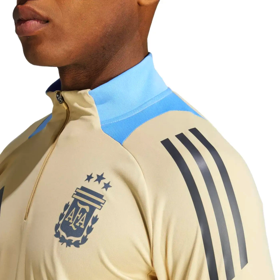 Close-up of 2024 Argentina technical tracksuit Adidas top with AFA logo and blue collar on SoccerTracksuits.com