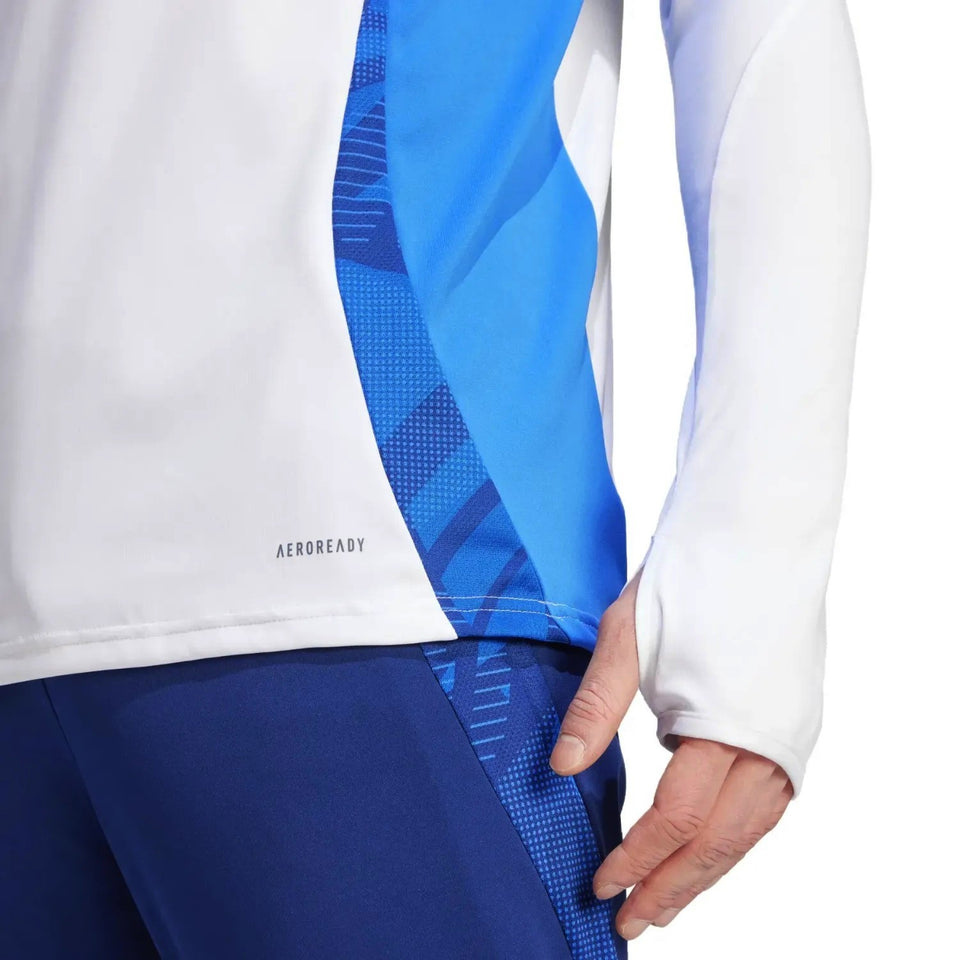Close-up of 2024 Italy Adidas tracksuit set showing white and blue top with blue pants on SoccerTracksuits.com
