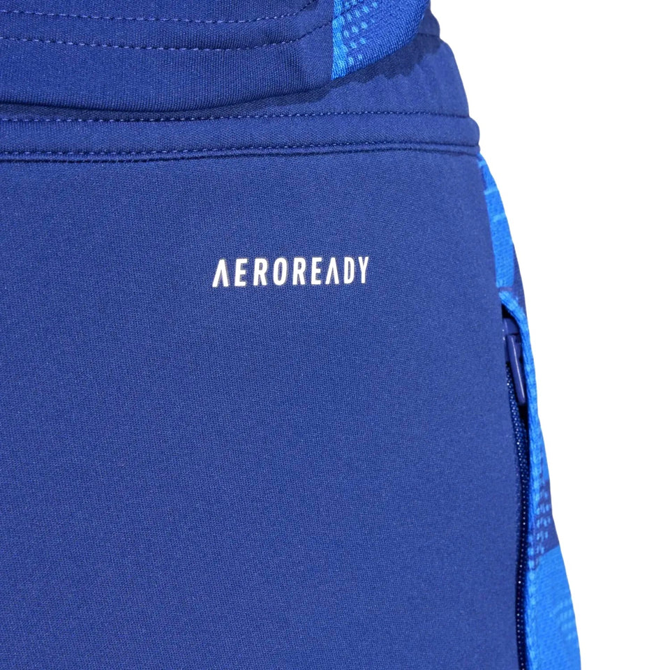 Close-up of blue fabric with Aeroready technology detail on 2024 Italy Adidas tracksuit set
