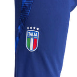 Close-up of 2024 Italy Adidas tracksuit set featuring the Italy national team logo on blue fabric