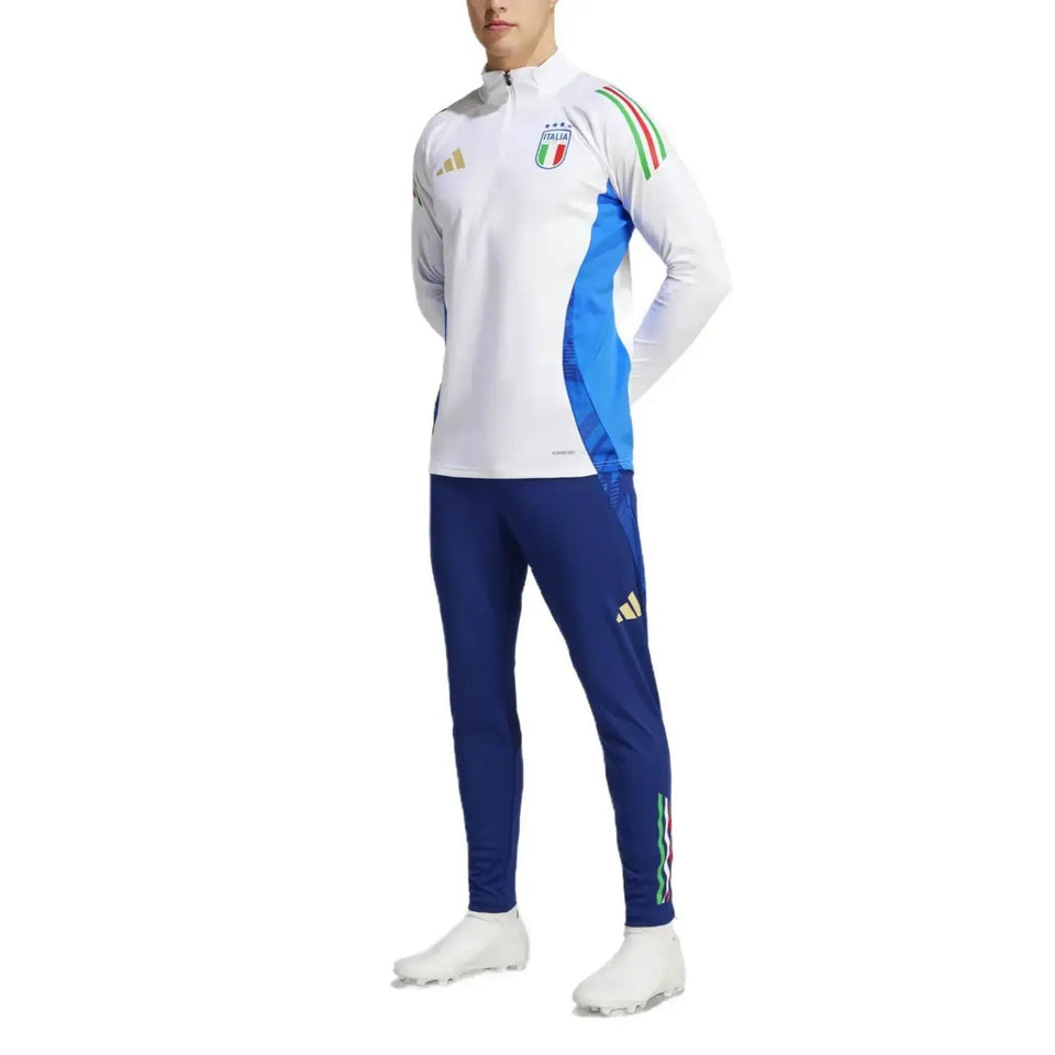 2024 Italy Adidas tracksuit set featuring white top with blue accents and navy pants with Italian flag stripes