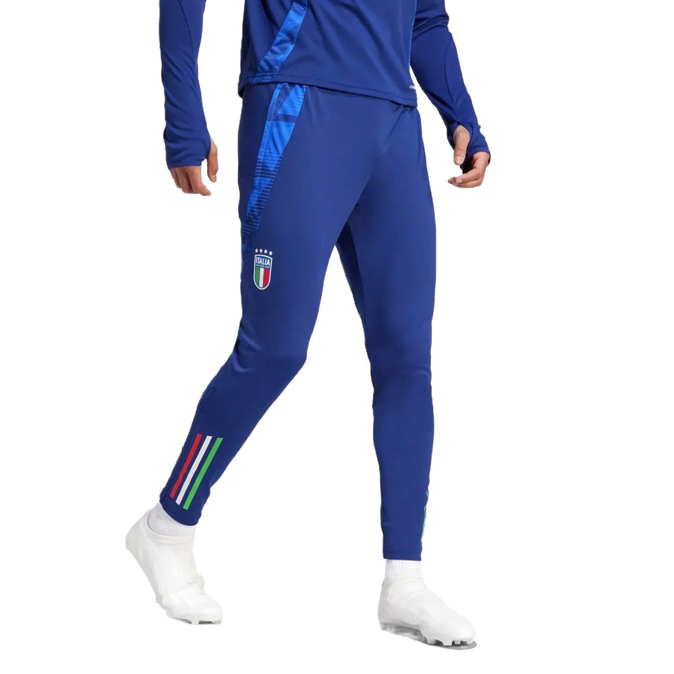 2024 Italy Adidas tracksuit set blue pants with Italy crest and striped details on SoccerTracksuits.com