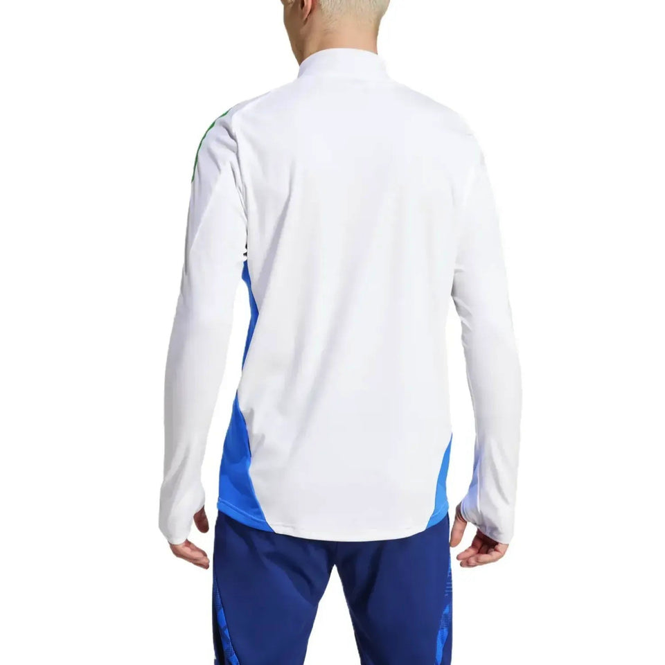 Back view of 2024 Italy Adidas tracksuit set featuring white jacket with blue side panels and matching blue pants