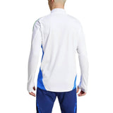 Back view of 2024 Italy Adidas tracksuit set featuring white jacket with blue side panels and matching blue pants