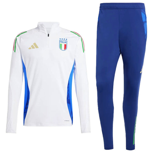 2024 Italy Adidas tracksuit set featuring white zip-up jacket with Italy crest and blue pants