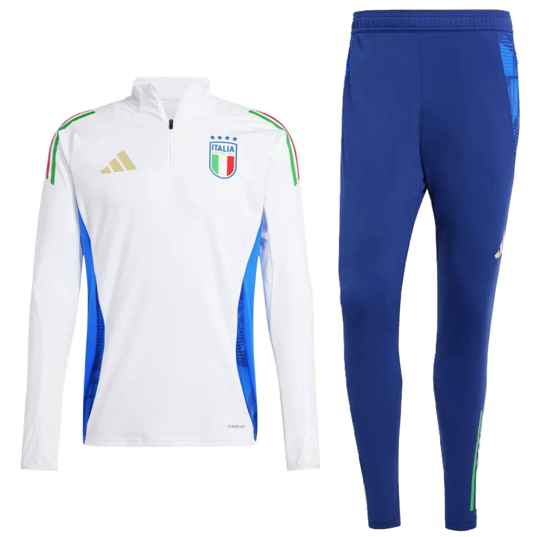 2024 Italy Adidas tracksuit set featuring white zip-up jacket with Italy crest and blue pants