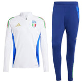 2024 Italy Adidas tracksuit set featuring white zip-up jacket with Italy crest and blue pants