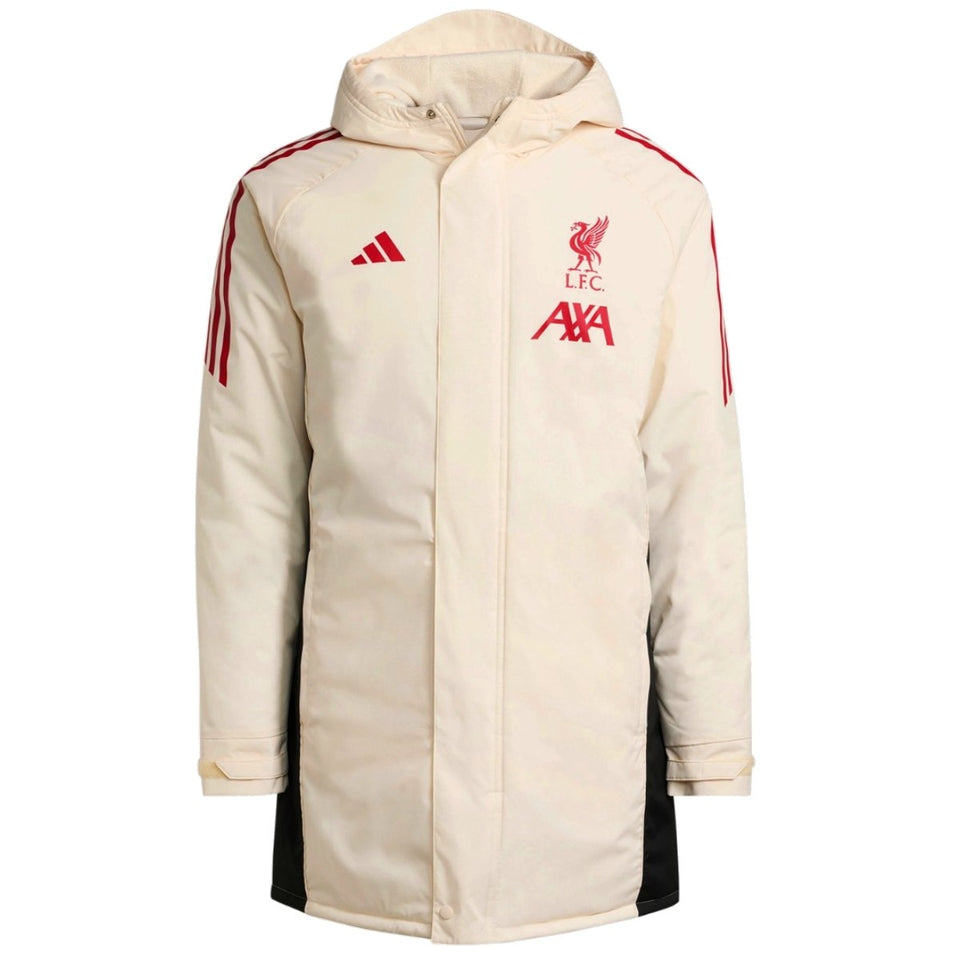 2025 26 Liverpool Adidas parka coat in cream with red accents and team logo