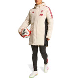 2025 26 Liverpool Adidas parka coat in cream with red stripes, perfect for soccer fans