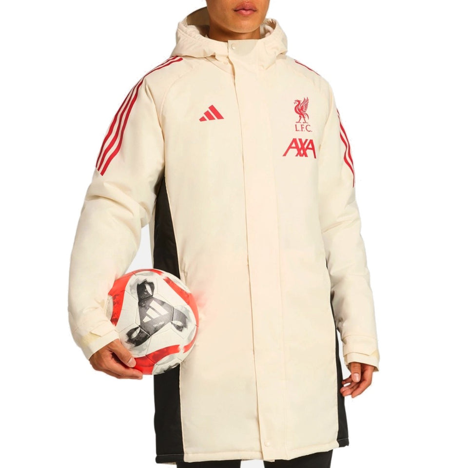 2025 26 Liverpool Adidas parka coat in cream with red accents and logo for warm sports wear