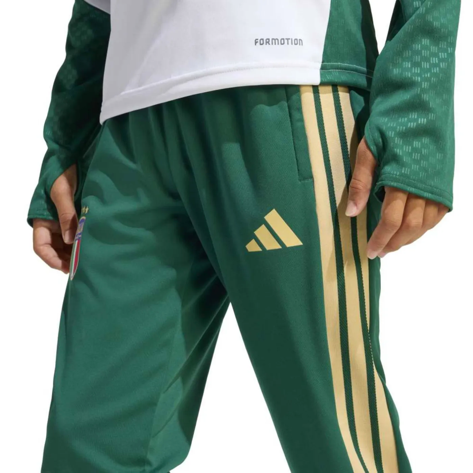 2026 Adidas Italy training suit for kids featuring green pants with gold stripes and logo detail
