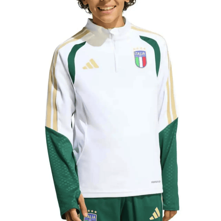 Kids Adidas Italy training technical soccer tracksuit in white and green with gold accents for 2026/27 season