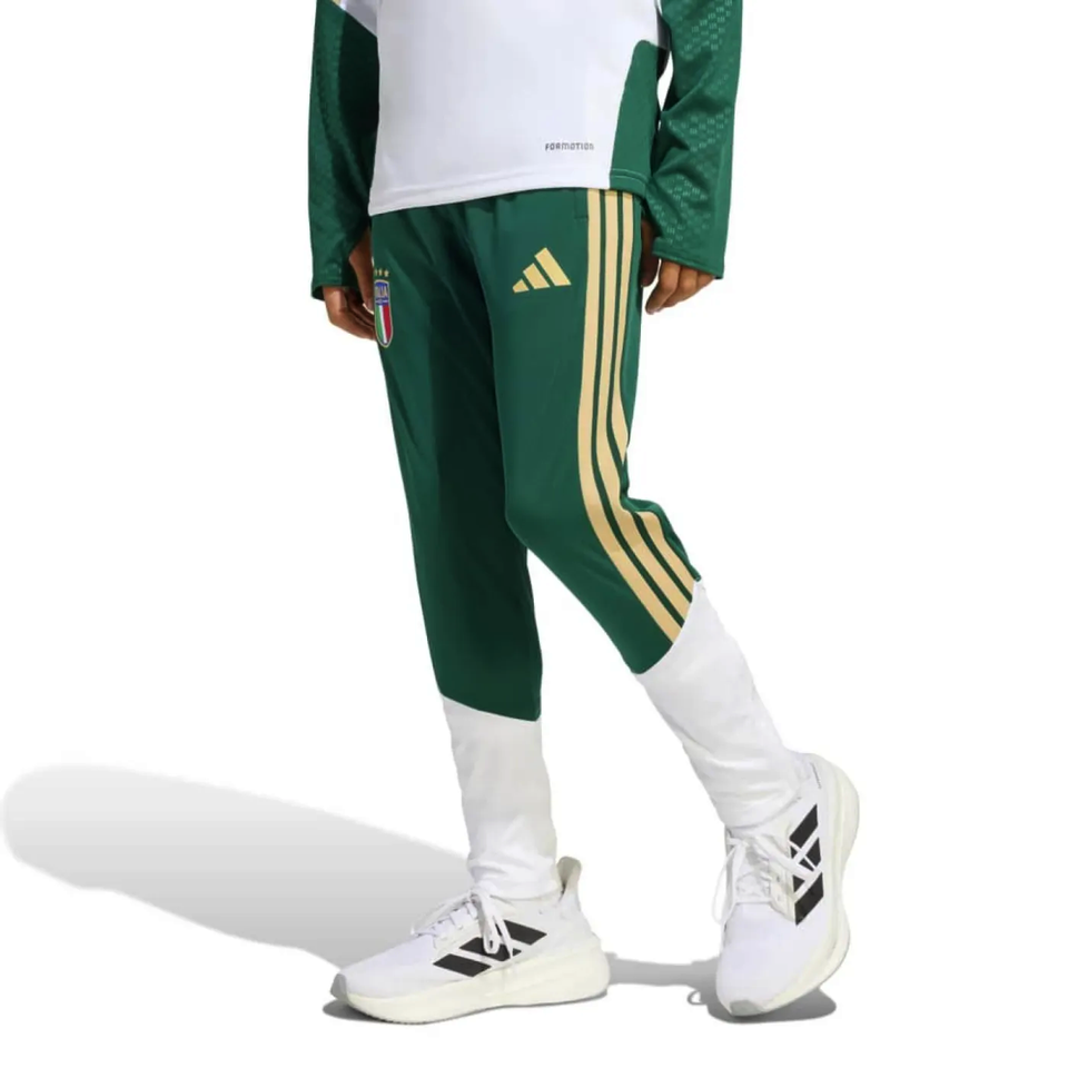 2026 Adidas Italy training suit for kids featuring green pants with gold stripes and Italy logo