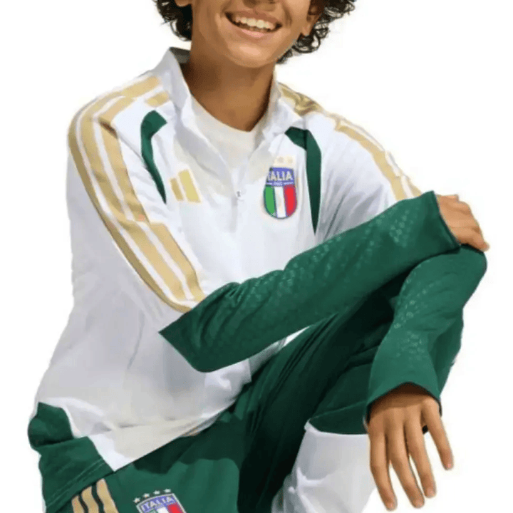 Kids Adidas Italy training technical soccer tracksuit in white and green with gold stripes for 2026/27 season