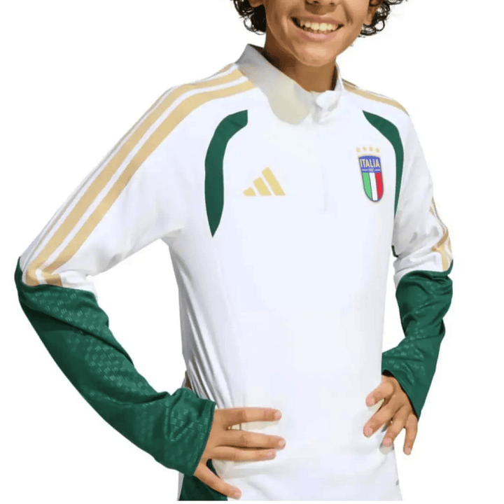 Kids Adidas Italy training technical soccer tracksuit in white with green accents and gold stripes for 2026/27